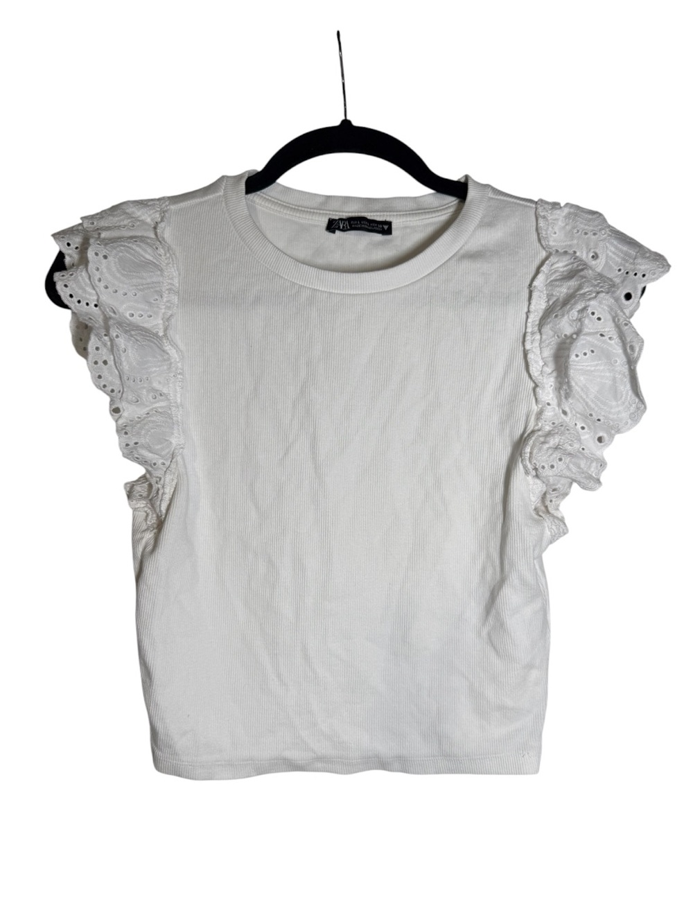 Zara Short Sleeve Top Flutter Sleeve White Floral Embroidery Eyelet Ribbed Sz L